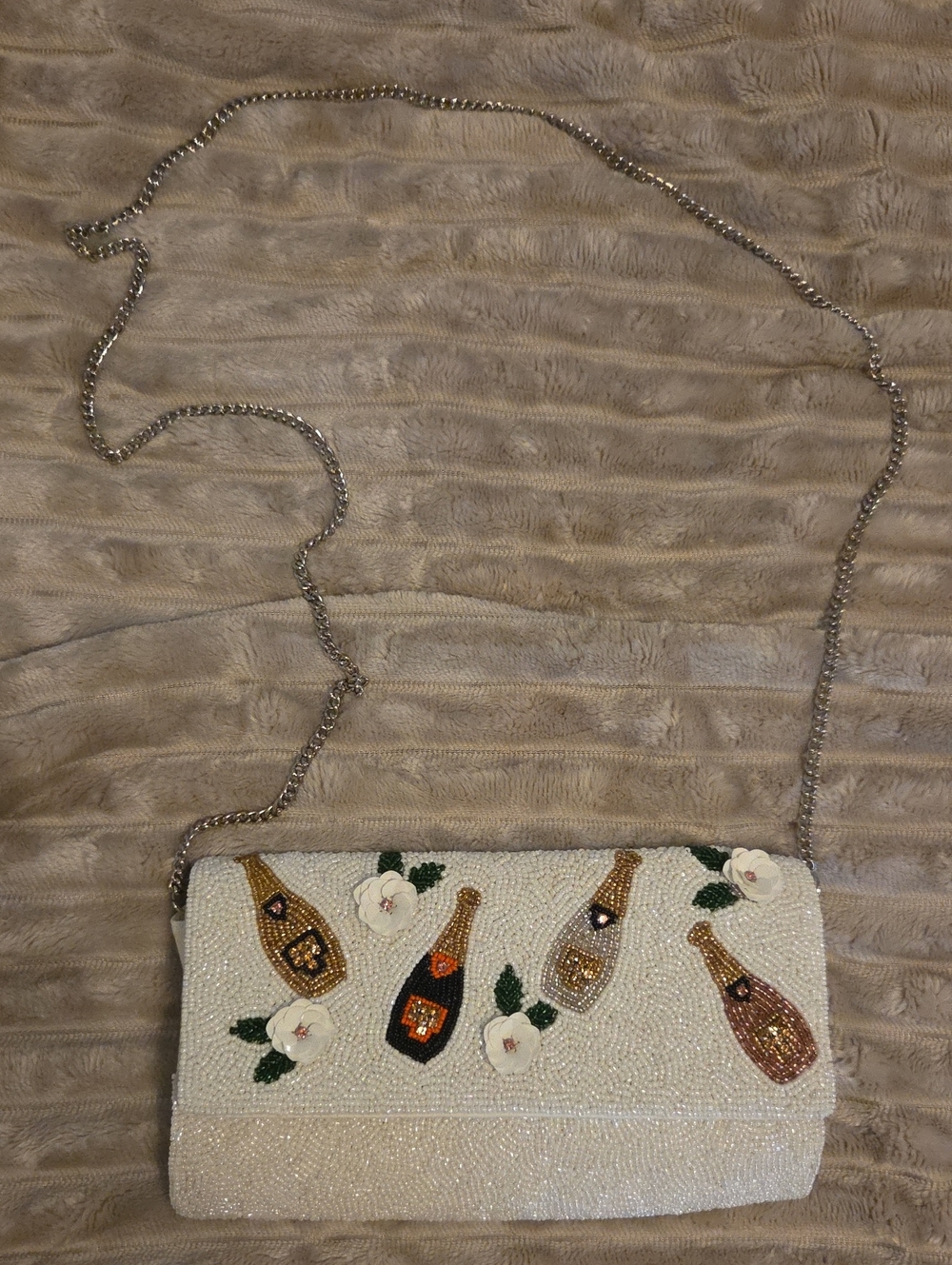 Beaded Champagne Bottle Embellished Crossbody Clutch - White Brand NEW